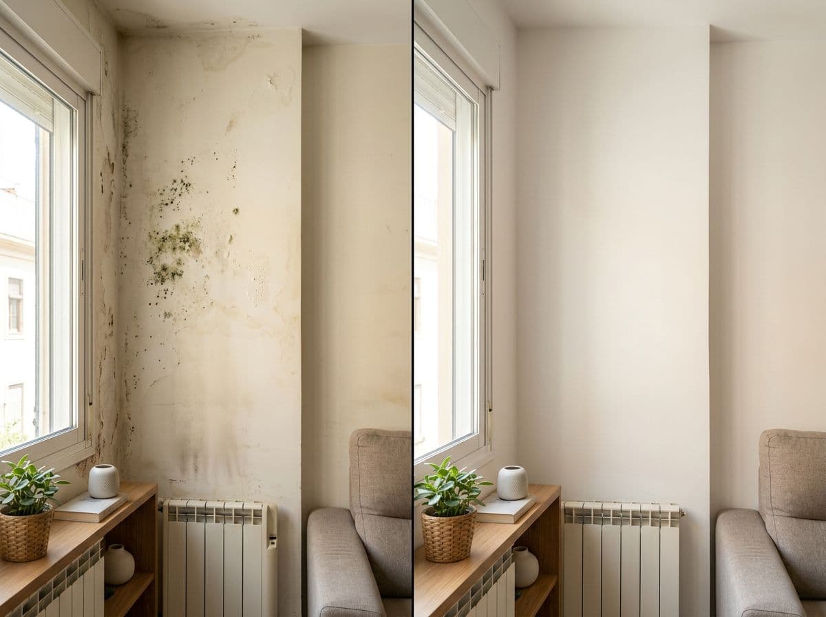 Antes y después de reparar humedades por condensación en pared de vivienda