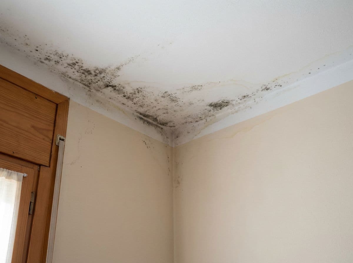 Moho negro en esquina de dormitorio causado por humedades de condensación sin tratar